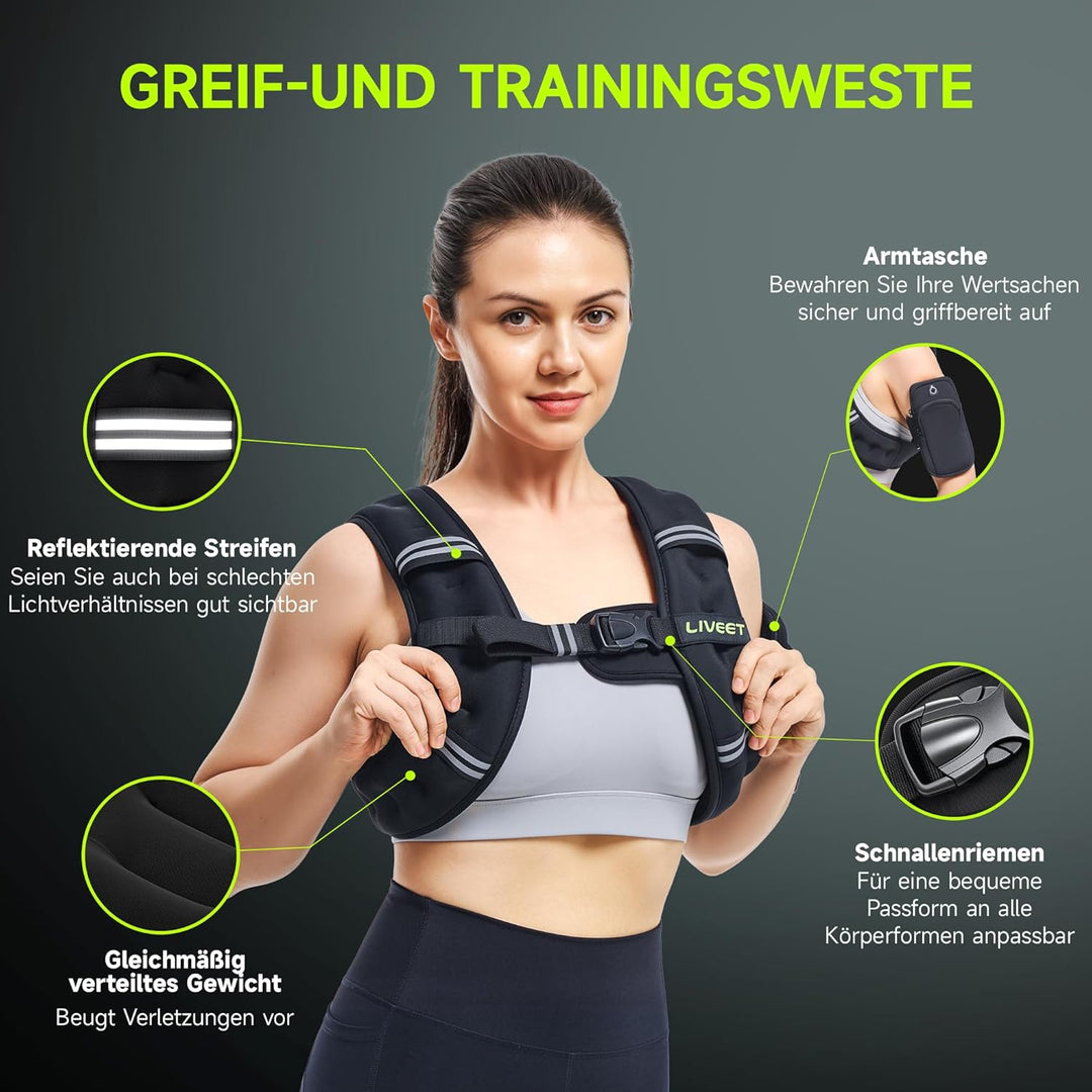 Liveet Gewichtsweste, Gewichtsweste für Damen und Herren, Gewichtsweste mit reflektierenden Streifen