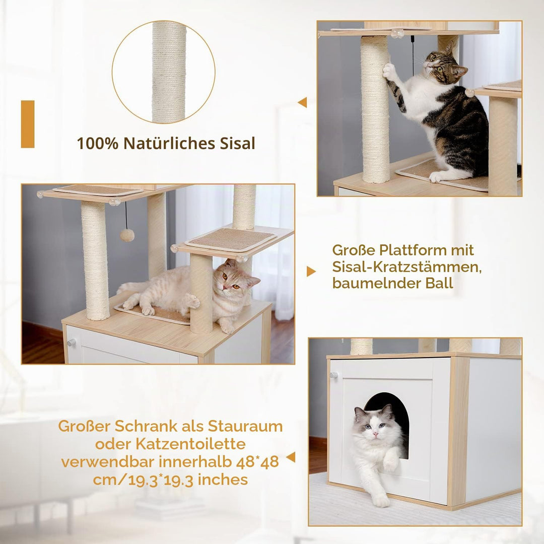 PAWZ Road Moderner Katzenbaum Holz Katzenturm mit Aufbewahrungsschrank Katzentoilette Gehege und ger