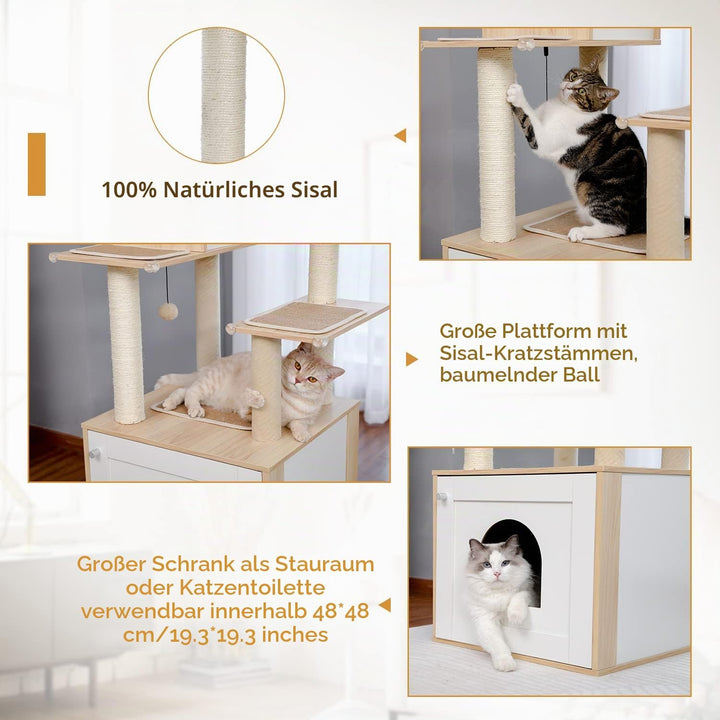 PAWZ Road Moderner Katzenbaum Holz Katzenturm mit Aufbewahrungsschrank Katzentoilette Gehege und ger