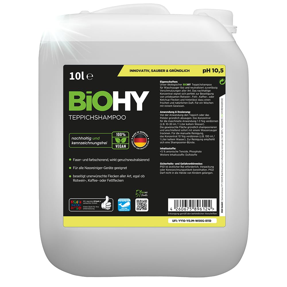 BiOHY Teppichshampoo (10 Liter Kanister) | Teppichreiniger Konzentrat | ideal gegen hartnäckige Flec