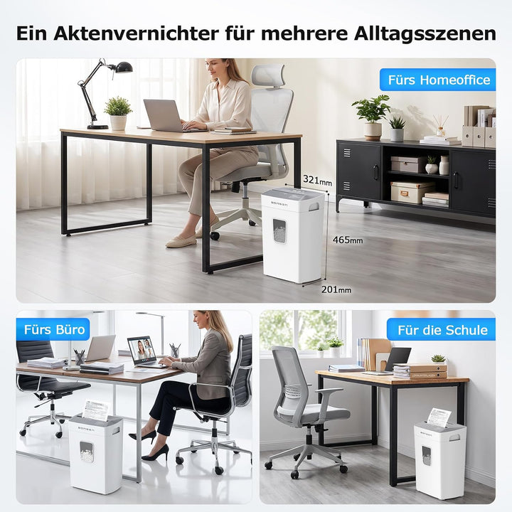 BONSEN Aktenvernichter Mikroschnitt 12 Blatt, Leise 60dB, S5211-W | 21L Behälter, P-4 Sicherheitsstu