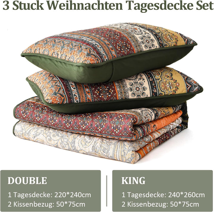 WONGS BEDDING Tagesdecke 220x240 Bettüberwurf Boho Decke Steppdecke 3 Teilig Doppelbett Gesteppt Bet