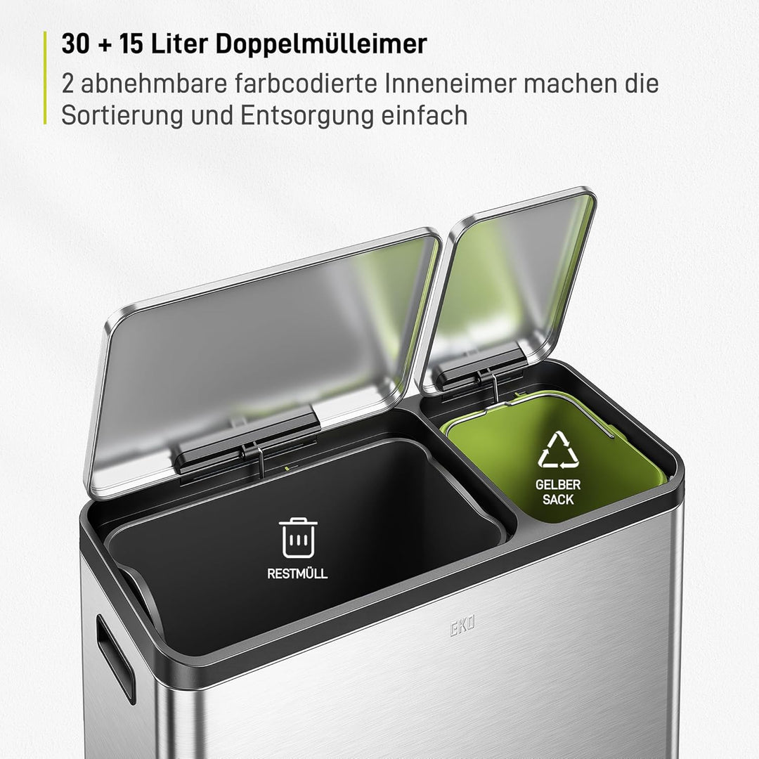 EKO Ecocasa Mülleimer Küche, 30 + 15 Liter, Tretmülleimer Mülleimer 2 Fächer, sanftem Schliessen und