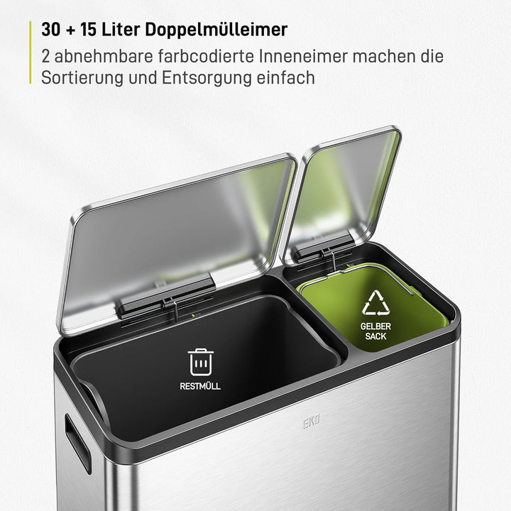 EKO Ecocasa Mülleimer Küche, 30 + 15 Liter, Tretmülleimer Mülleimer 2 Fächer, sanftem Schliessen und