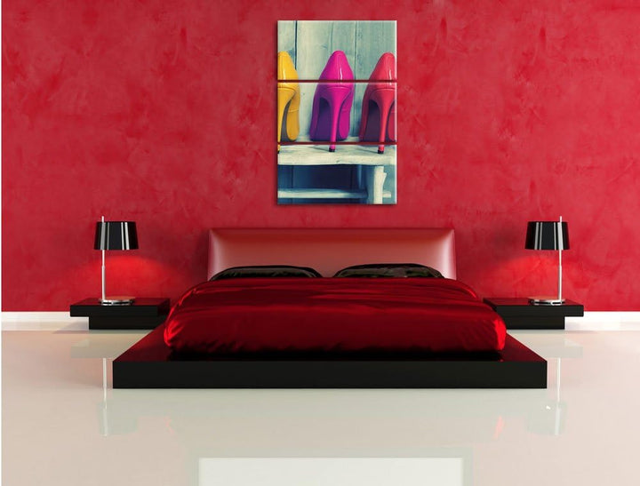 Pixxprint Bunte High Heels als Leinwandbild | Grösse: 3 Teilig (120x80) | Wandbild| Kunstdruck | fer