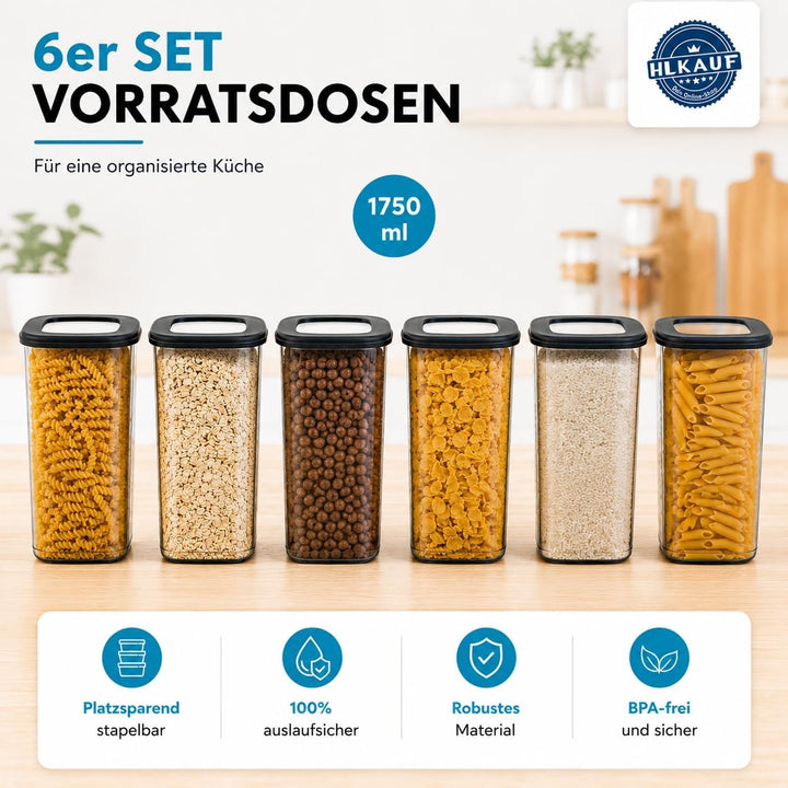 HLKauf Vorratsdosen mit Deckel 6x 1750ml luftdicht diverse Sets Küchenorganizer Aufbewahrungsbox BPA