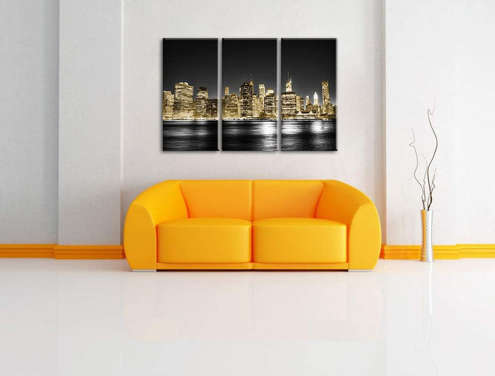 Manhattan Skyline bei Nacht schwarz/weiss 3-Teiler Leinwandbild 120x80 Bild auf Leinwand, XXL riesig