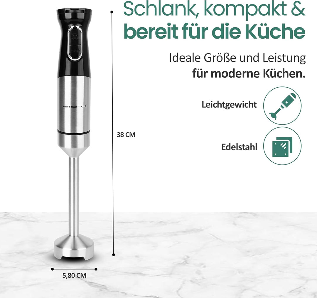 EMERIO Stabmixer mit kraftvollen 1000 Watt | Pürierstab (abnehmbar) und Messereinheit aus langlebige