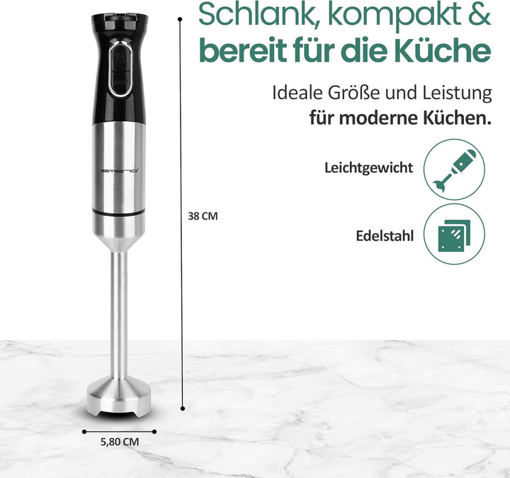 EMERIO Stabmixer mit kraftvollen 1000 Watt | Pürierstab (abnehmbar) und Messereinheit aus langlebige