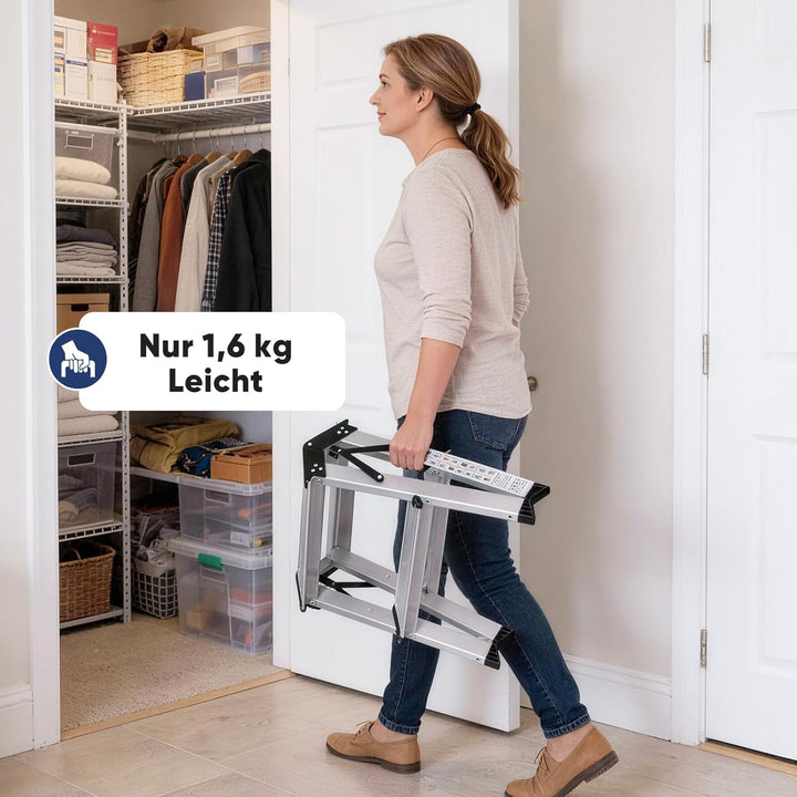 Sekey Klappbare Leiter aus Aluminium 2 Stufen, Aluleiter Beidseitig Begehbar, Klappleiter mit rutsch
