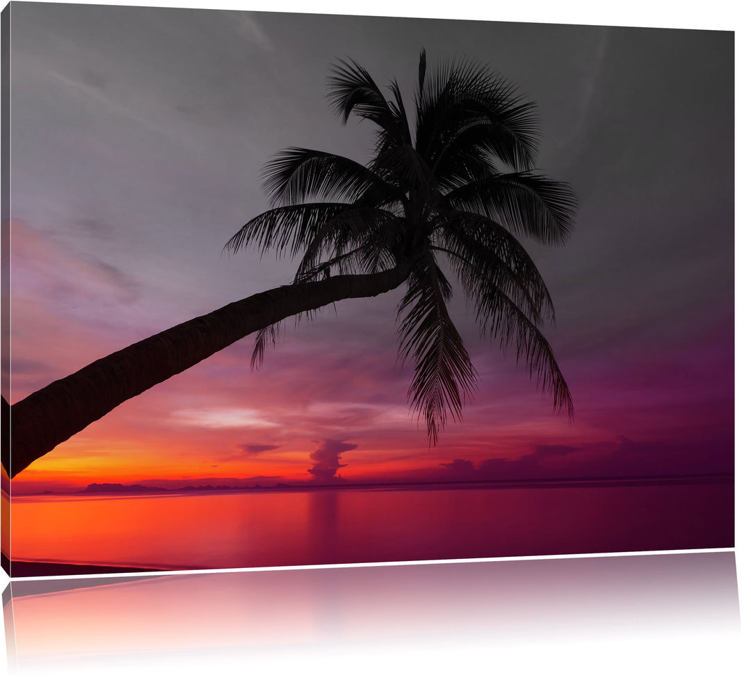 Pixxprint Palme am Meer mit Sonnenuntergang als Leinwandbild/Grösse: 100x70 / Wandbild/Kunstdruck/fe