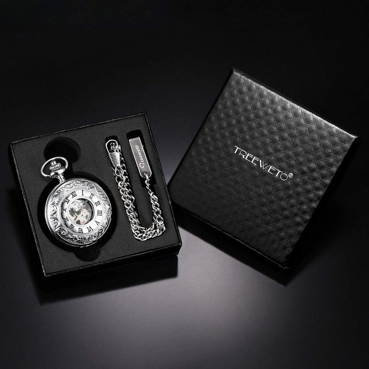 TREEWETO Unisex Taschenuhr mit Kette Analog Handaufzug Doppelscharnier Römische Ziffern Gold/Silber,