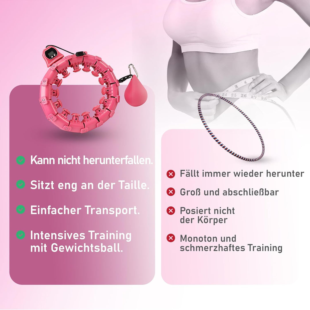 Smart Hula Hoop Reifen mit Gewichtsball für Erwachsene, mit Resistance Band und Massband, 24 verstel