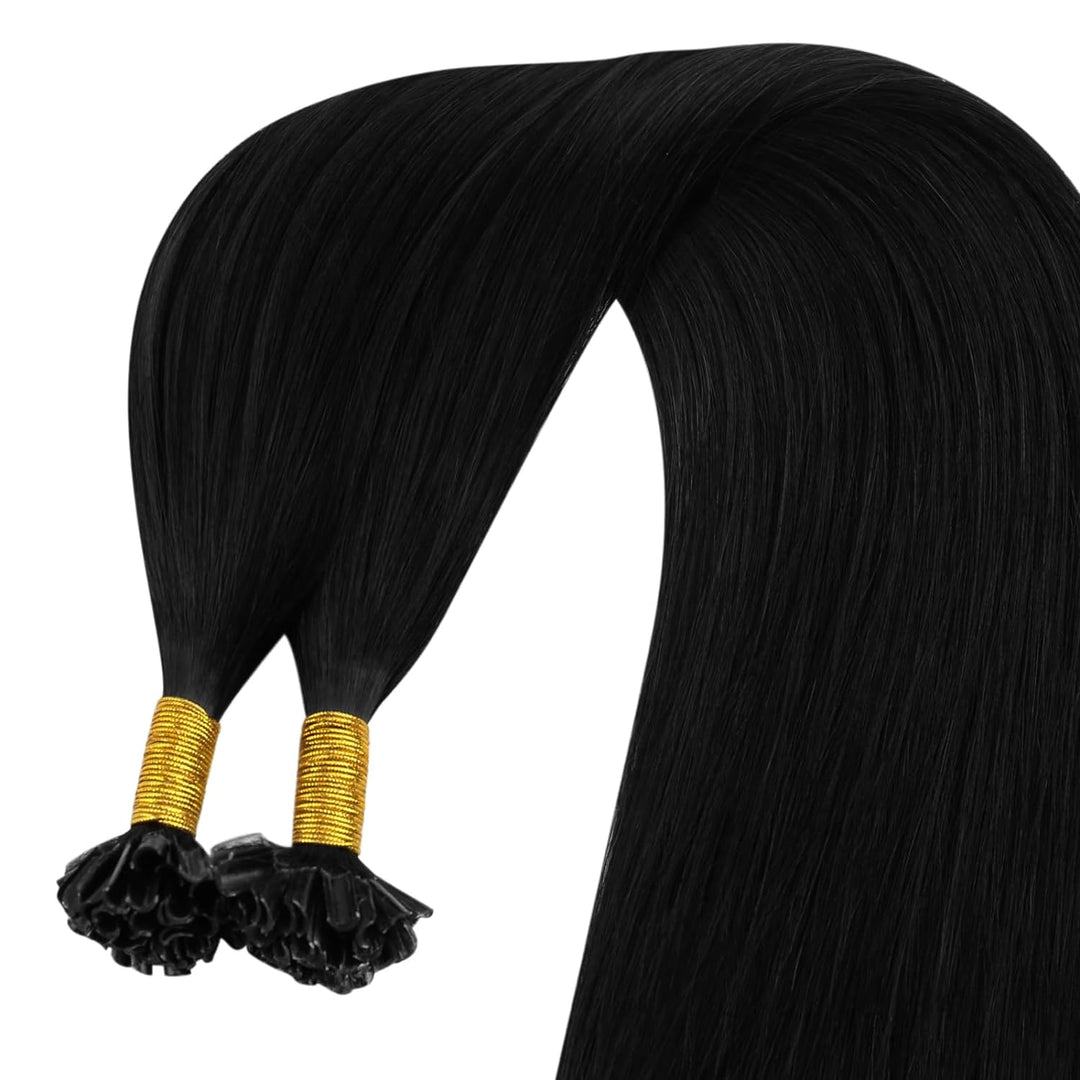 YoungSee Bonding Extensions Echthaar Schwarz 40 cm Glatt U Tip Hair Extensions Schwarz Glanzend Kera
