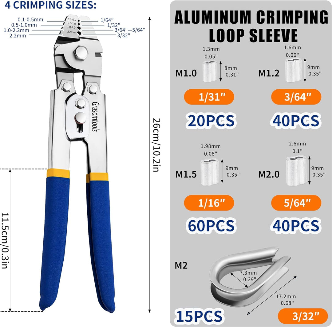 Drahtseil Crimping Swaging Tool,Cable Crimps bis zu 2,2mm mit 160pcs 4sizes Aluminium Double Barrel