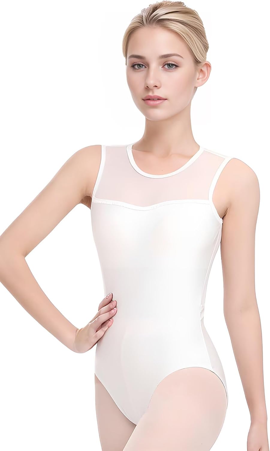 Nackennetz Rückenfrei Gymnastik Trikots Ballett Tanz Trikots für Damen,mit BH Pad Weiss Mesh 160/84A