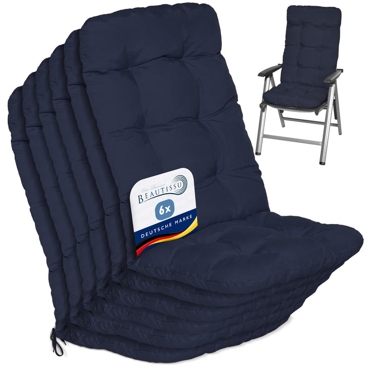 Beautissu 6er Set Hochlehner Auflagen Sitzpolster für Gartenstühle Outdoor | 120x50x8cm Dunkelblau G