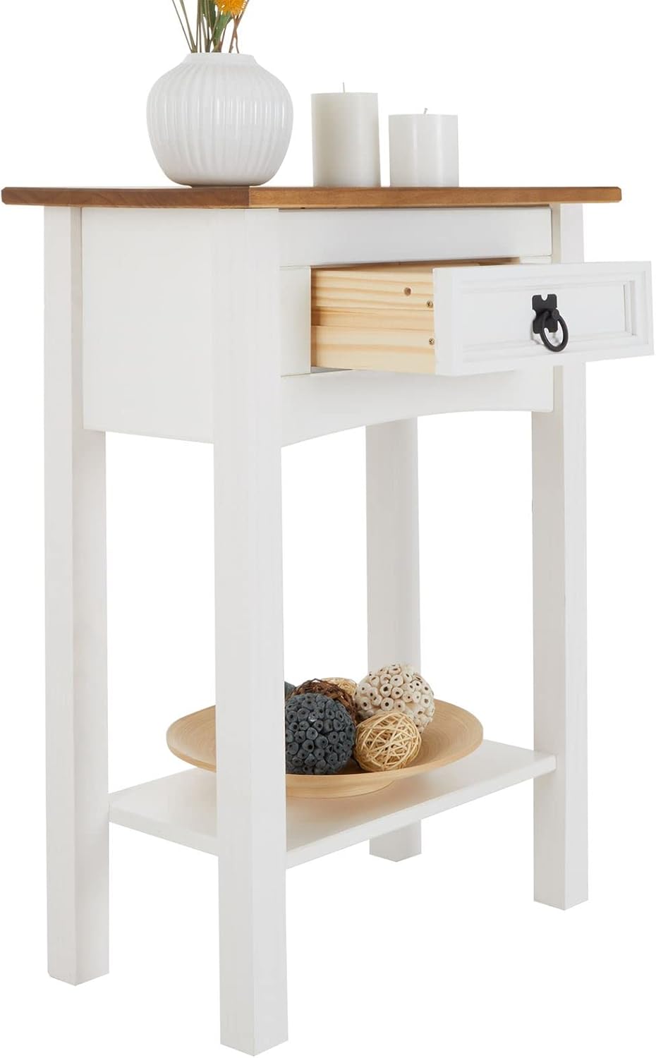 Konsolentisch Campo im Mexiko Stil, Kleiner Beistelltisch aus massiver Kiefer mit 1 Schublade, Anric
