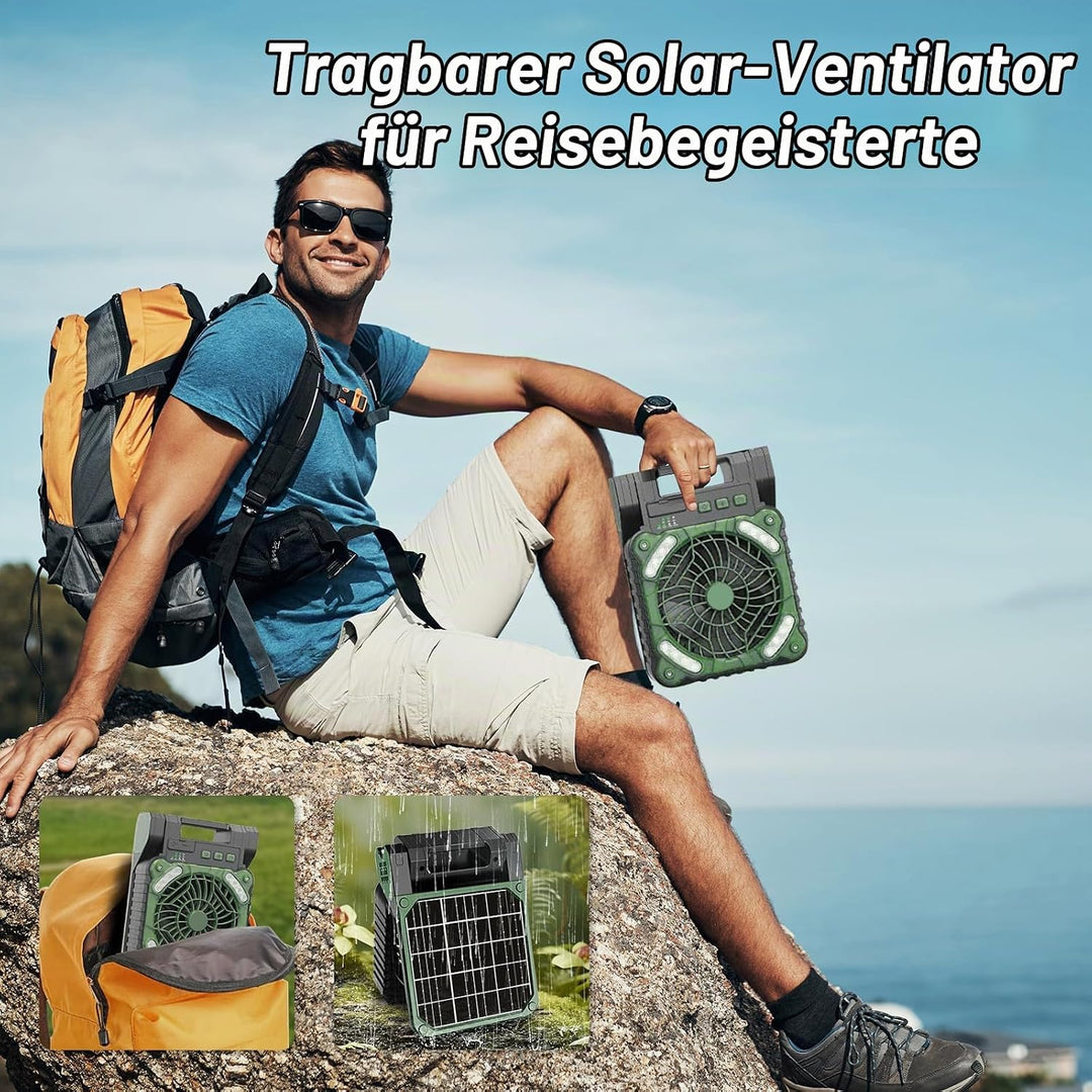 Camping Ventilator mit Akku 10400mAh, Solar Ventilator Outdoor mit LED-Licht, 4 Geschwindigkeiten Tr