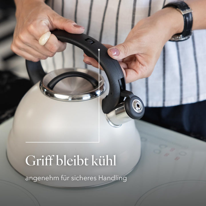 FLORINA Wasserkessel (2,5 l) | Edelstahl Teekessel JACOB | Flötenkessel mit Bakelit Griff & Pfeifton