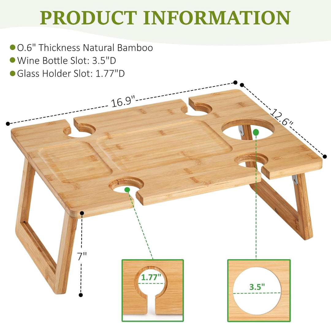 Peohud Bambus-Wein-Picknicktisch, zusammenklappbares Snacktablett mit Weingläserhalter, tragbarer We
