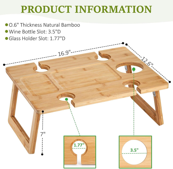 Peohud Bambus-Wein-Picknicktisch, zusammenklappbares Snacktablett mit Weingläserhalter, tragbarer We