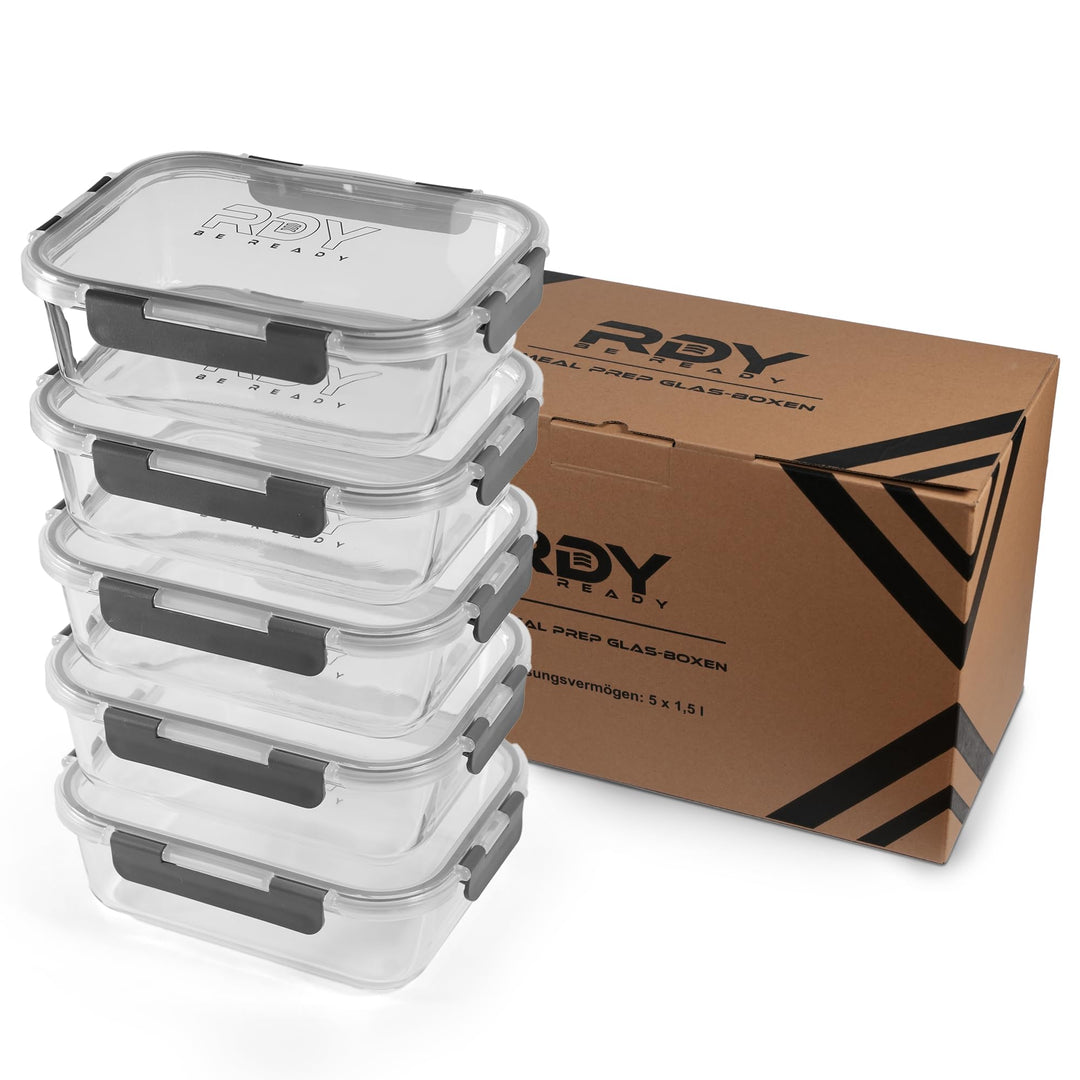 RDY® Meal Prep Boxen Glas 1500ml - 5er Set - luftdichte Glasbehälter Mikrowelle, Backofen, Gefrierfa