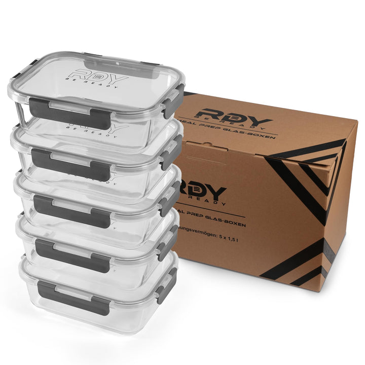 RDY® Meal Prep Boxen Glas 1500ml - 5er Set - luftdichte Glasbehälter Mikrowelle, Backofen, Gefrierfa