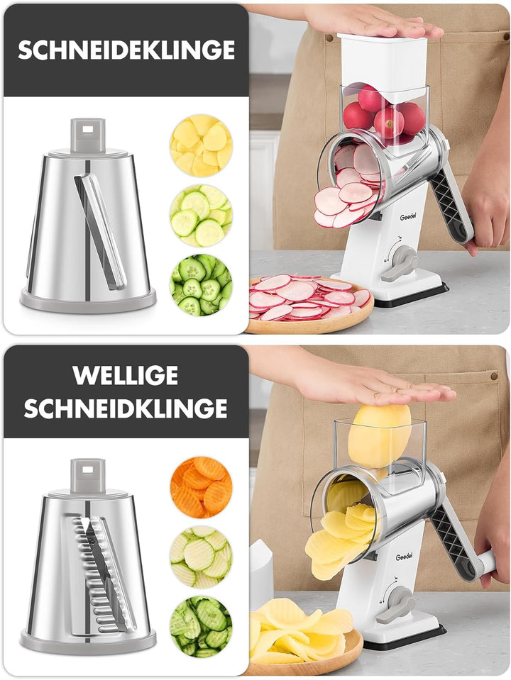 Geedel Käsereibe, Gemüseschneider mit 4 Austauschbare Klingen, Gemüsereibe mit Kurbel, Starkem Saugf