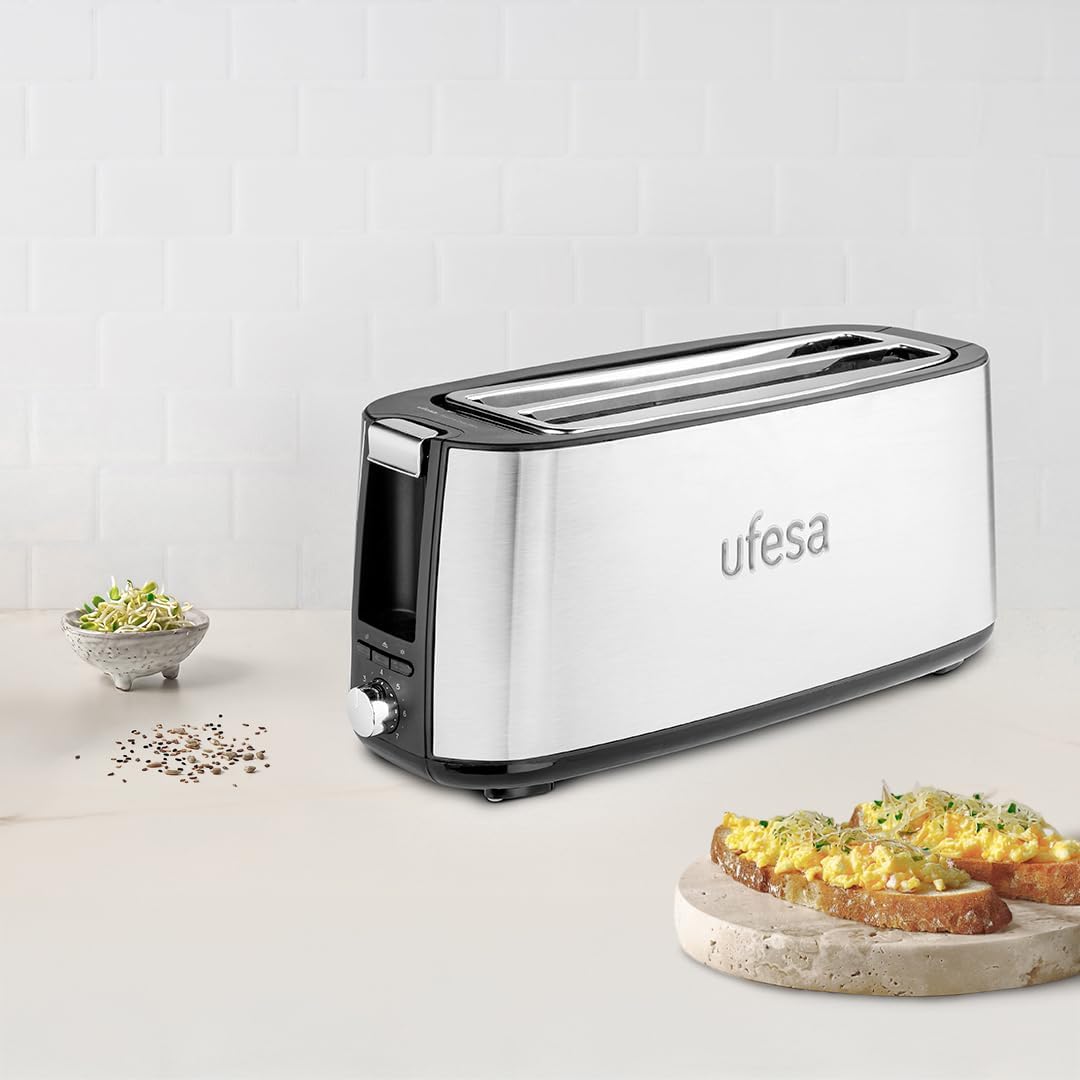 Ufesa Toaster Toastie Duo Plus 1400W aus Edelstahl, 2 Lange Schlitze, 7 Leistungsstufen, Funktionen