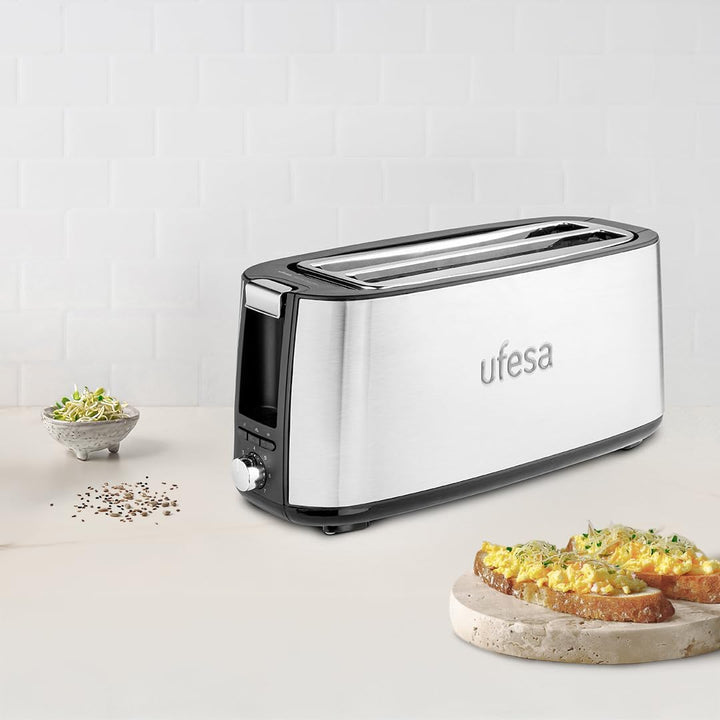 Ufesa Toaster Toastie Duo Plus 1400W aus Edelstahl, 2 Lange Schlitze, 7 Leistungsstufen, Funktionen