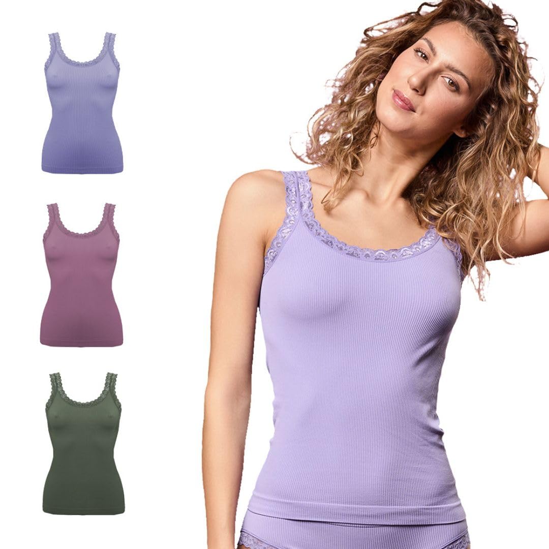 FOCENZA Tanktop mit Spitzenträgern, Nahtlose Technologie, Made in Italy S-M Olive – Mauve – Lavender