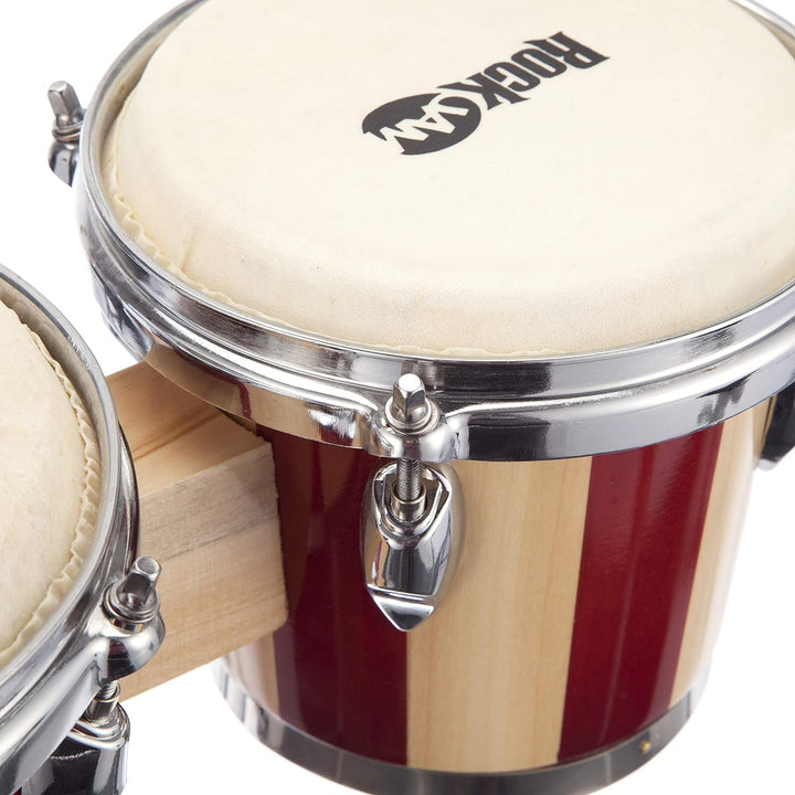 RockJam RJ-100301 7" and 8" Bongo Set with Padded Bag and Tuning Wrench Red and Natural Stripe Red S