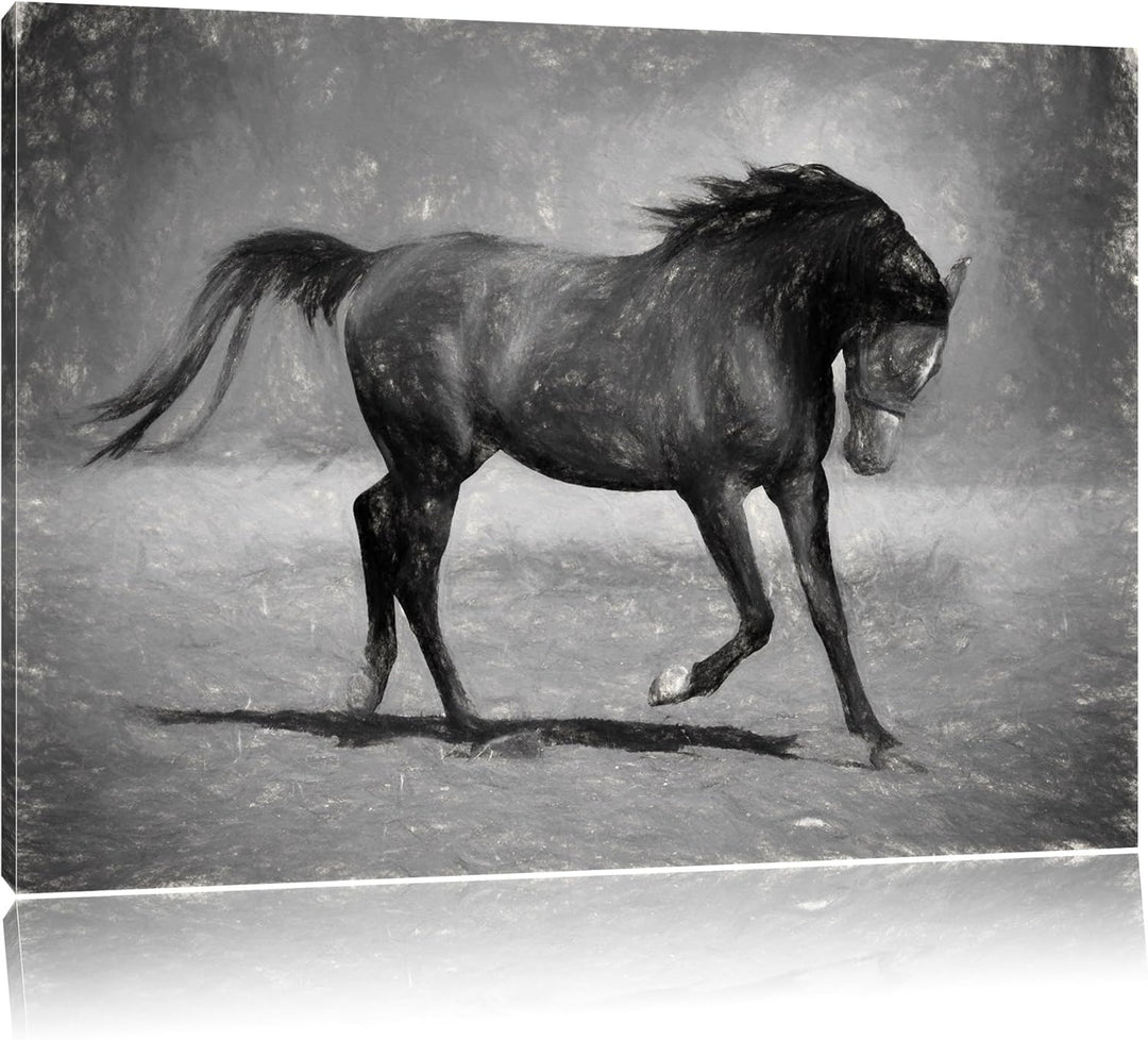 Edler schwarzer Hengst schwarz weiss Deluxe Format: 100x70 cm auf Leinwand, XXL riesige Bilder ferti