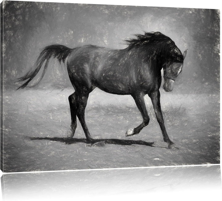 Edler schwarzer Hengst schwarz weiss Deluxe Format: 100x70 cm auf Leinwand, XXL riesige Bilder ferti