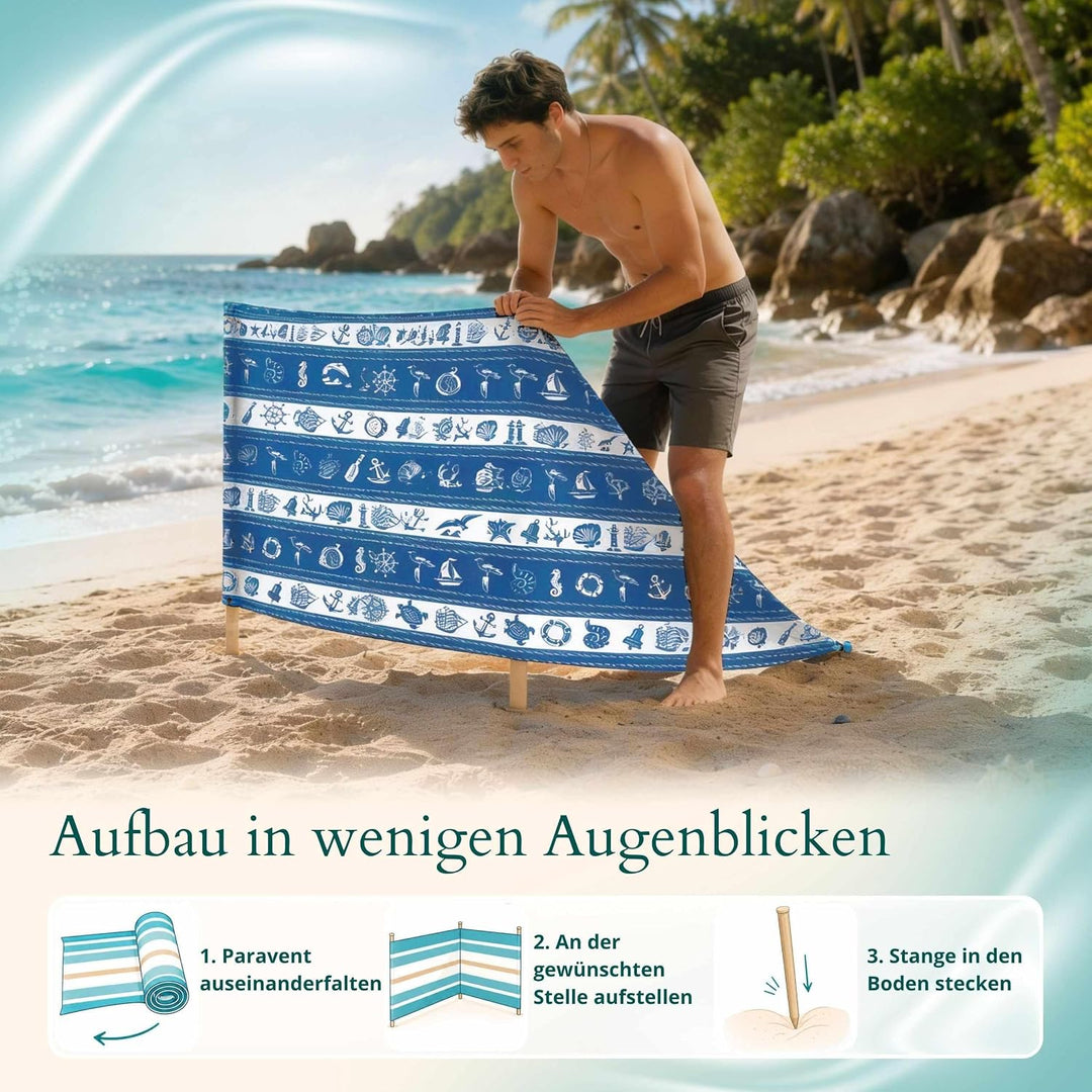 Strandparavent Mikrofaser | Windschutz 80cm | Marine Muscheln 12m | Robuste Holzstäbe | Vernäht | Ho