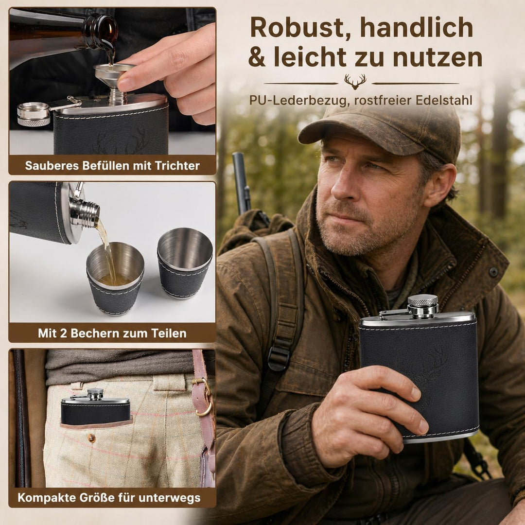 Jäger Geschenk Flachmann mit Hirsch Gravur - 6oz/180ml Edelstahl Flask Set in Geschenkbox mit 2x10ml