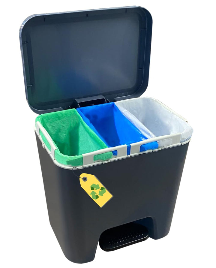 Denox Recycling-Mülleimer mit bis zu 3 Fächern, Fassungsvermögen 45 l, zwei Öffnungsmodi, Anthrazit,