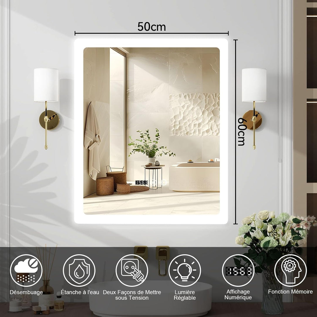 YOURLITE Badspiegel mit LED Beleuchtung 50x60cm, Badezimmerspiegel mit Touchschalter, Spiegel Bad Wa