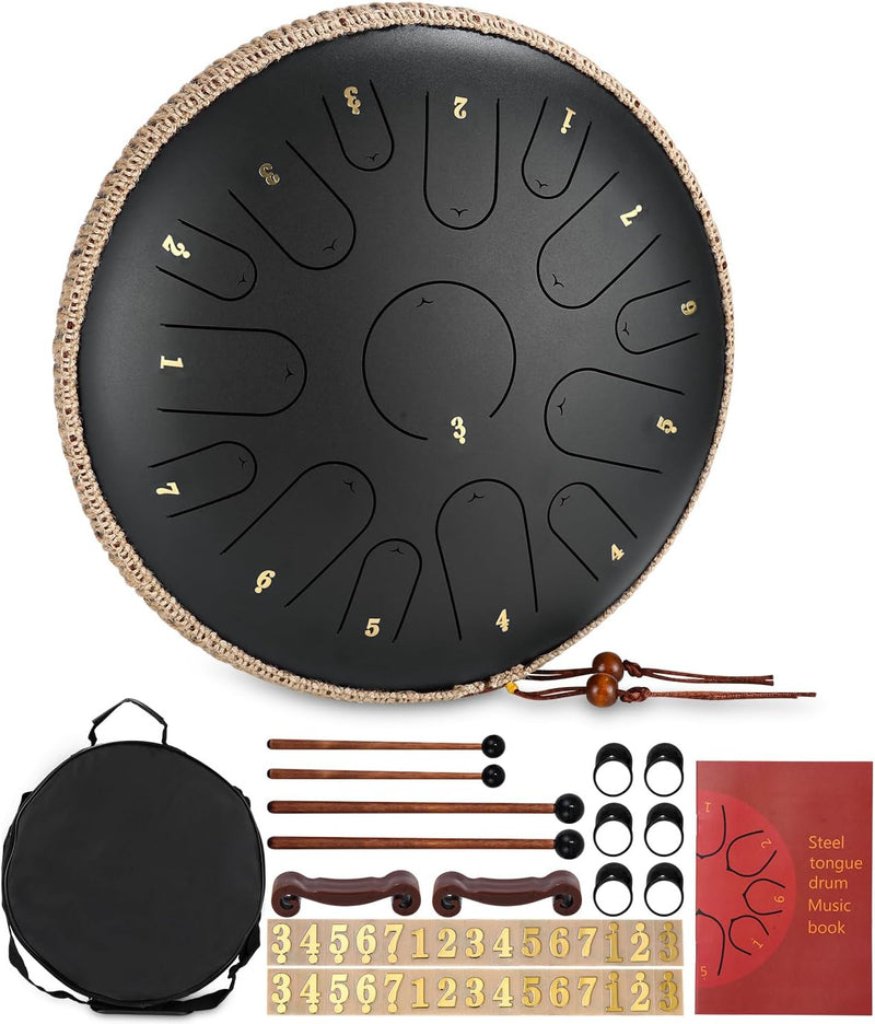 Zungentrommel,14 Zoll 15 Tone Steel Tongue Drum C-Dur Percussion Kit mit Trommelschlägeln,Spezielle