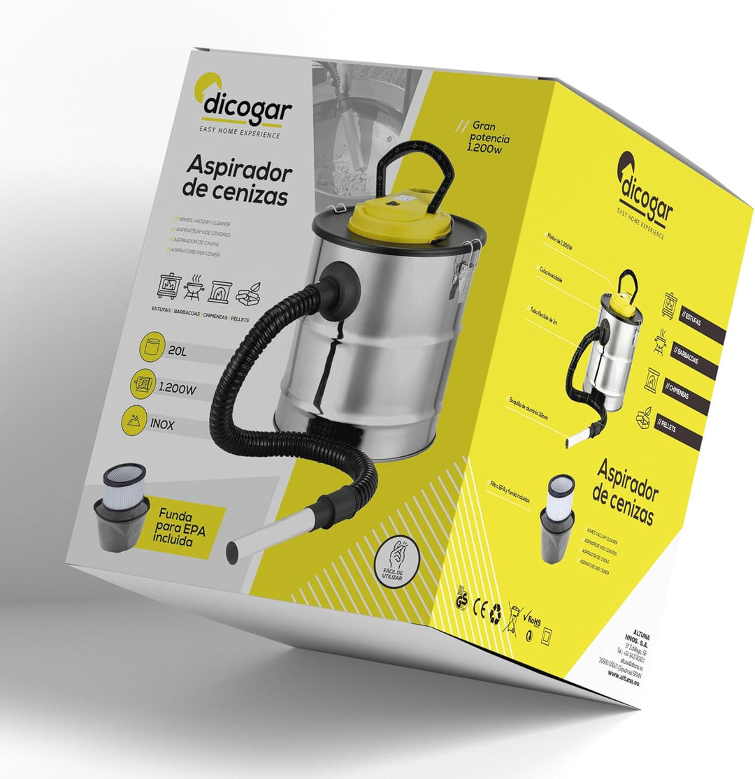 Aschesauger für Kamine, Pellets und Grills - 1.200W Leistung - 20 L Fassungsvermögen - Aus Edelstahl