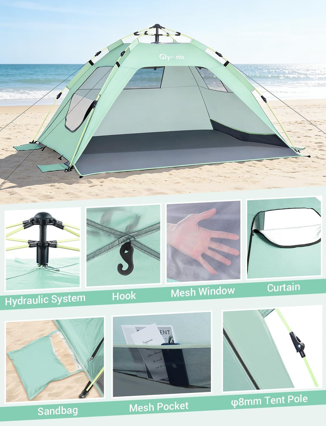 Glymnis Strandmuschel Quick Up Strandzelt Automatisches Strand Zelt mit Reissverschlusstür UV-Schutz