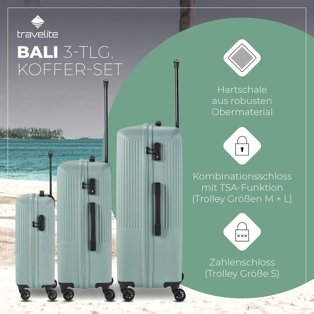 travelite 4-Rad Koffer Set 3 teilig Grössen L/M/S, Gepäck Serie BALI: ABS Hartschalen Trolleys mit T
