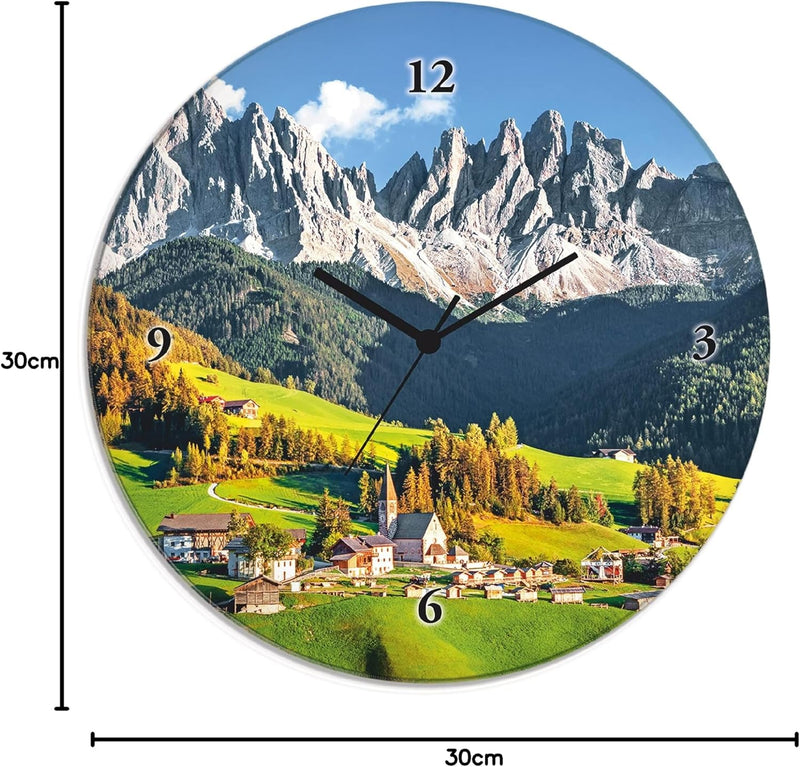 ARTLAND Wanduhr ohne Tickgeräusche Glas Quarzuhr Ø 30 cm Rund Lautlos Alpen Landschaft Berge Natur F