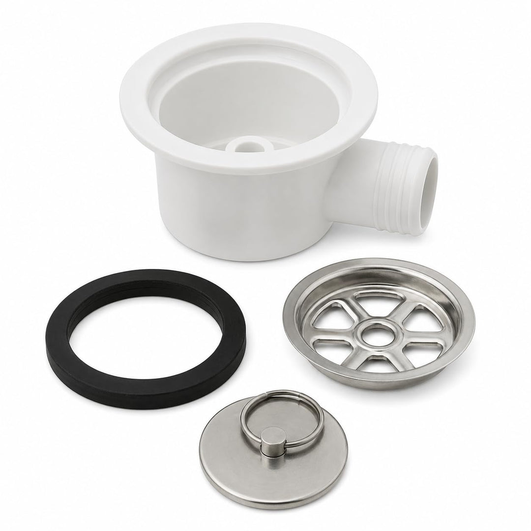 Ablaufgarnitur für SMEV-Spülen 19 mm, weiss, mit verchromtem Metallsieb und Deckel