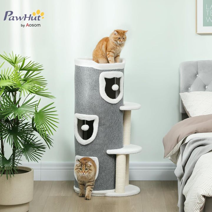 PawHut Kratztonne, 101 cm hoch Katzentonne mit Höhle, Spielball, Plüschrand, mehrstöckig Kratzbaum m