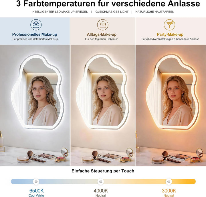 Badspiegel mit Beleuchtung 50x70cm,LED Asymmetrischer schminkspiegel | 3 Lichtfarben,Einstellbare He