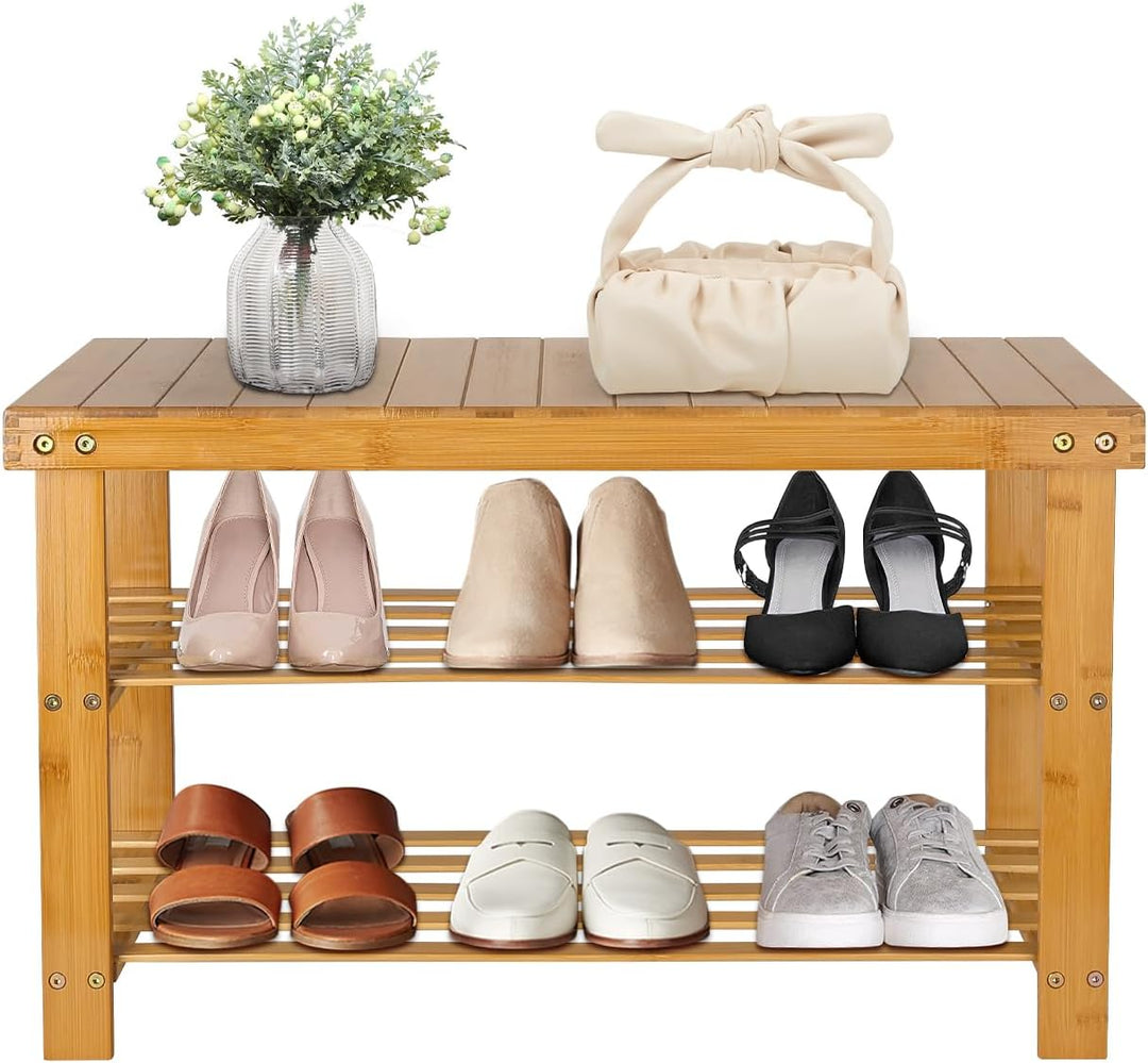 LANTUS Schuhregal, Schuhschrank mit Sitzbank, Bambus Schuhbank mit 3 Ablagen, ideal für Flur, Bad, W