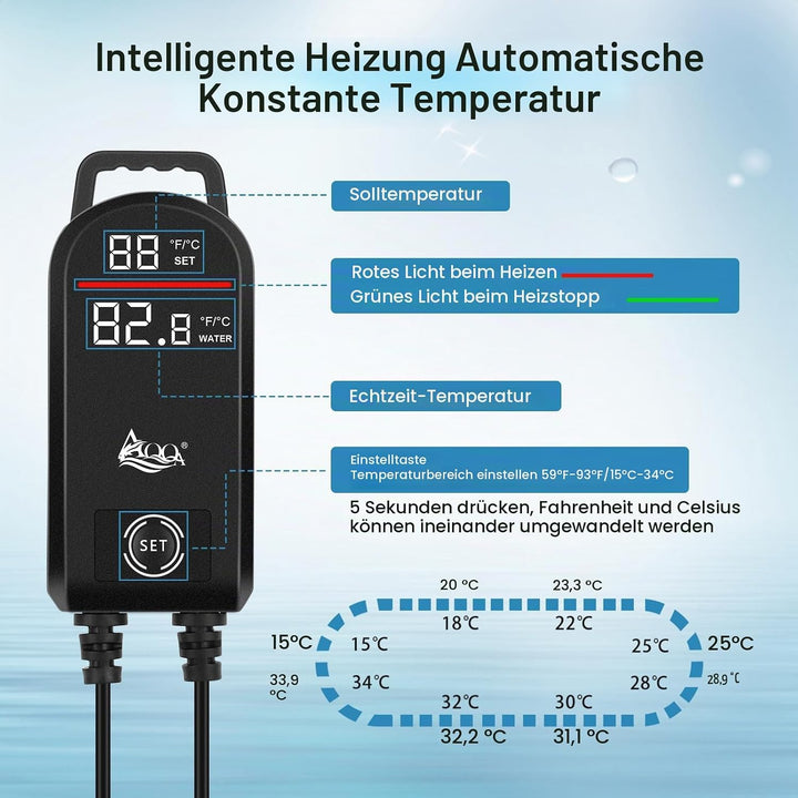 AQQA Aquarium Heizung, 300W/500W/800W/1000W/1200W Tauchheizung für Aquarien mit LED-Digitalanzeige &amp;
