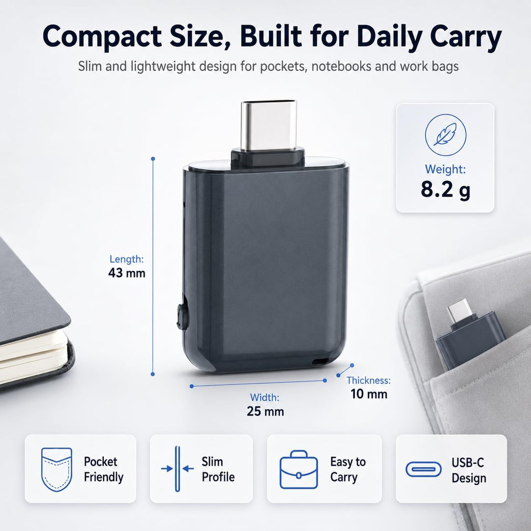 64GB Mini Diktiergerät | DSP Rauschunterdrückung, USB C OTG Wiedergabe, Ein Tasten Aufnahme, Spracha